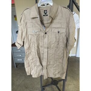 CAVI Shirt Mens L Linen Military Utility Style Brown Pockets Shirt Sleeve